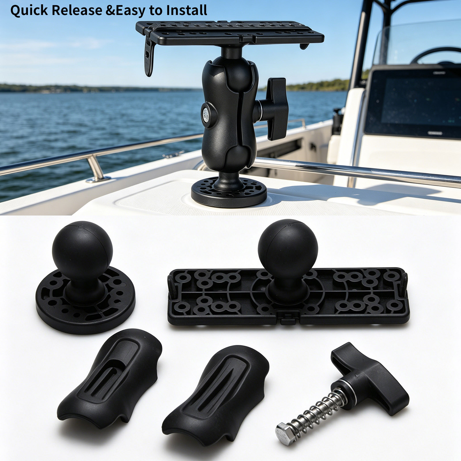 Fish Finder Mount - 360 ° 調整可能な魚群探知機マウント、デュアルボールヘッド、クイックリリースブラケット。Garmin、Lowrance、Humminbirdに対応。ボート用アクセサリー。
